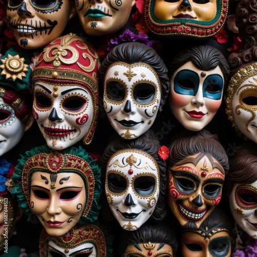 Vivid festival masks from events like carnival or Día de Muertos