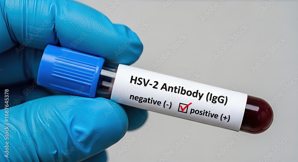 Obraz premium A blood sample shows positive result for HSV-2 Antibody in laboratory. A close-up, detailed shot displaying virus and disease. Infectious virus, disease control, health.