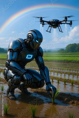Robot Drone Farming Rice Fields