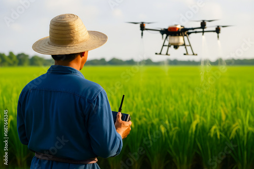 Farmer Controlling Drone in Field