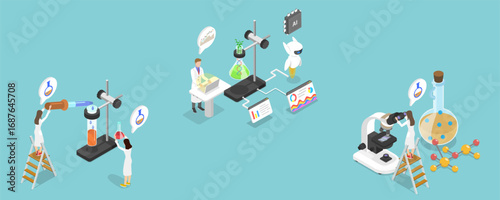 3D Isometric Flat Vector Illustration of Laboratory Exploration, Chemistry And Genetics Laboratory Research In Biotechnology Settings.