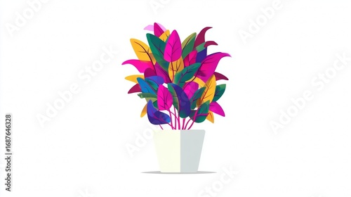 Vibrant multicolored tropical leaves in a white pot.