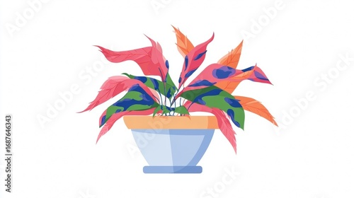 Colorful Potted Plant with Vibrant Leaves and Flowers.