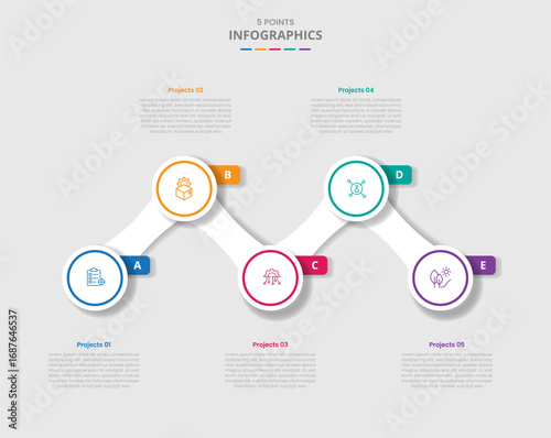 5 points template infographic with circle up and down with horizontal line connection with drop shadow style with four stage list information