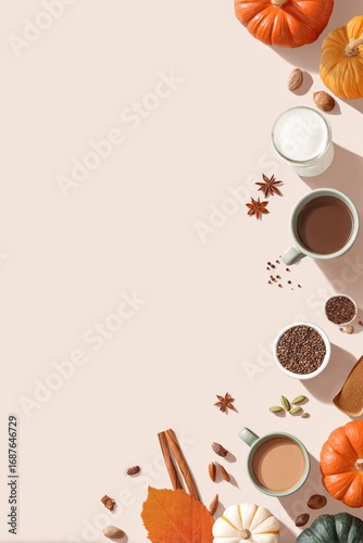 Warm autumn arrangement featuring coffee, spices, and pumpkins c