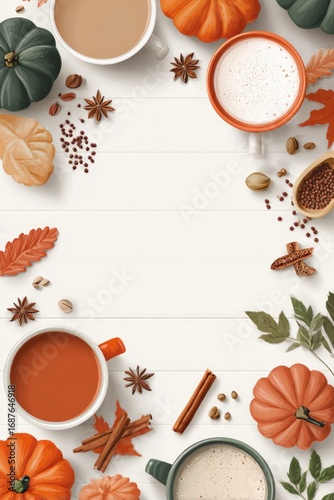 Autumn-themed arrangement with warm beverages, pumpkins, and spi