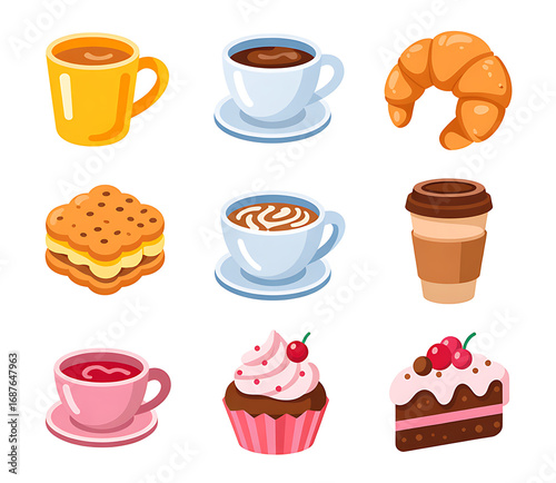 Collection of delicious coffee drinks and sweet pastries for breakfast or a snack