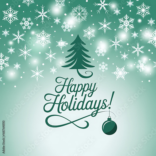 Festive green christmas tree with happy holidays text and snowflakes