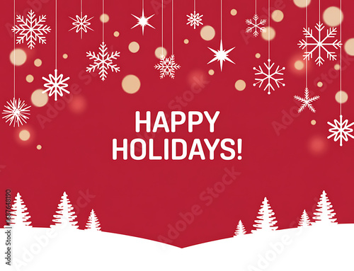 Festive red background with falling snowflakes and white pine trees celebrating happy holidays