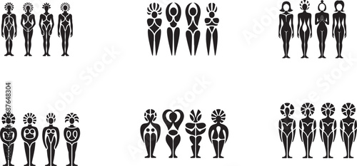 Stylized female figures with decorative headdresses and body patterns