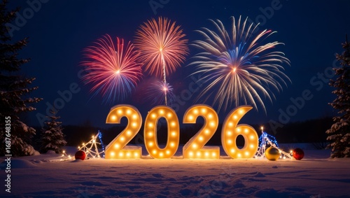 Magical New Year 2026 Celebration with Glowing Numbers, Fireworks and Snowy Night Background