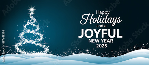 Sparkling christmas tree made of lights on snowy ground with happy holidays and joyful new year 2025 message