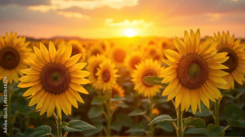 Obraz premium Sunflowers in a field at sunset