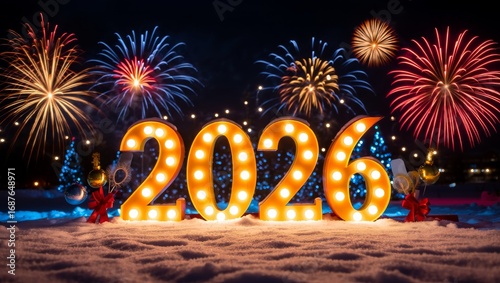 Magical New Year 2026 Celebration with Glowing Numbers, Fireworks and Snowy Night Background