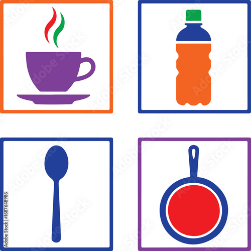 Hot beverage bottle spoon frying pan saucer steam