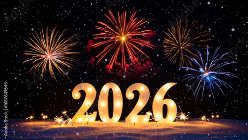 Magical New Year 2026 Celebration with Glowing Numbers, Fireworks and Snowy Night Background