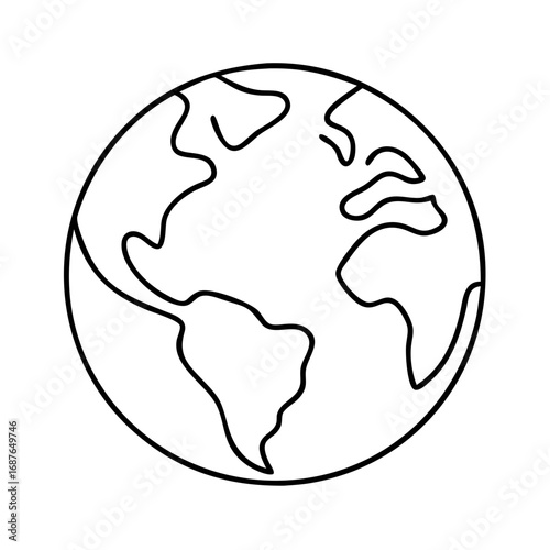 Illustration of earth globe, showcasing continents and oceans in a minimalist, line art style for educational use