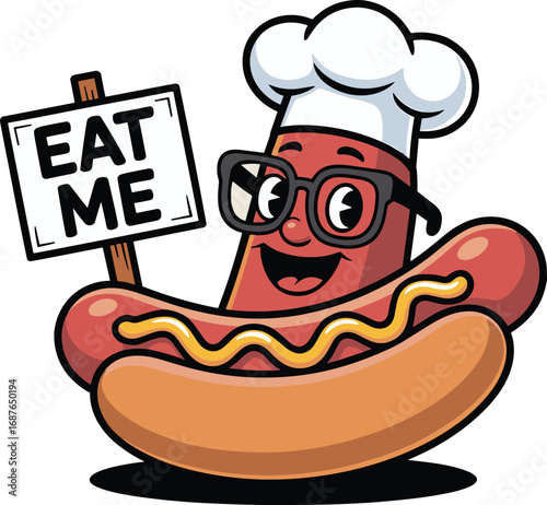 Happy Hot Dog Chef Cartoon Character Holding Eat Me Sign