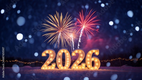 Magical New Year 2026 Celebration with Glowing Numbers, Fireworks and Snowy Night Background