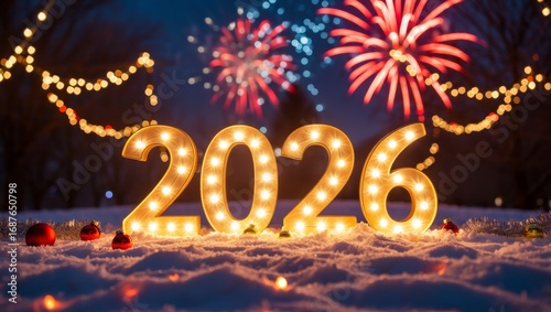 Magical New Year 2026 Celebration with Glowing Numbers, Fireworks and Snowy Night Background