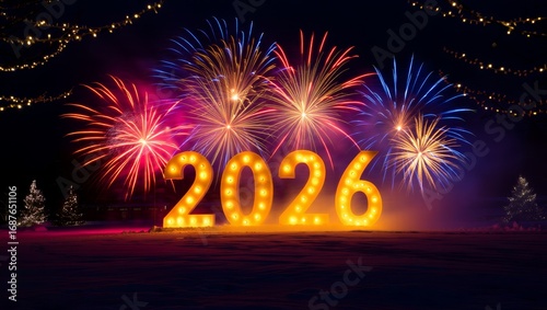 Magical New Year 2026 Celebration with Glowing Numbers, Fireworks and Snowy Night Background