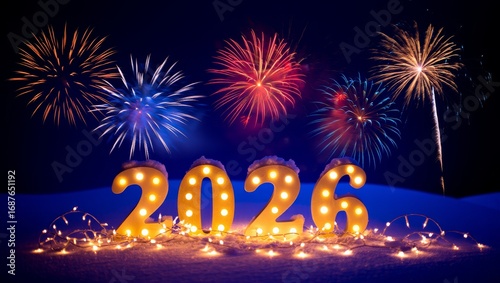 Magical New Year 2026 Celebration with Glowing Numbers, Fireworks and Snowy Night Background