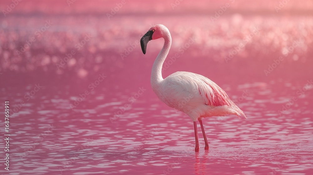 Fototapeta premium Elegant Flamingo Standing Gracefully in Serene Pink Water Environment