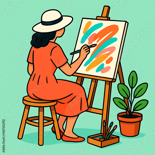 Inspired female artist in a summer hat, finding her creative sanctuary while painting a vibrant abstract masterpiece on an easel