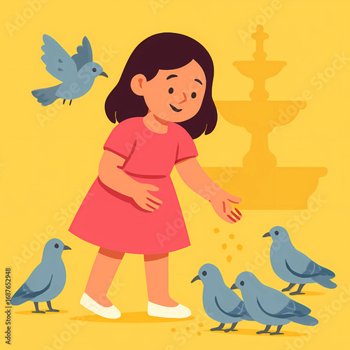 Charming illustration of a little girl sharing food with friendly pigeons in a sunny town square with a fountain