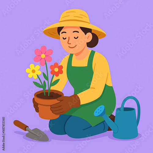 A woman in a sun hat and apron lovingly tends to her potted flowers, enjoying the simple pleasure of gardening as a hobby