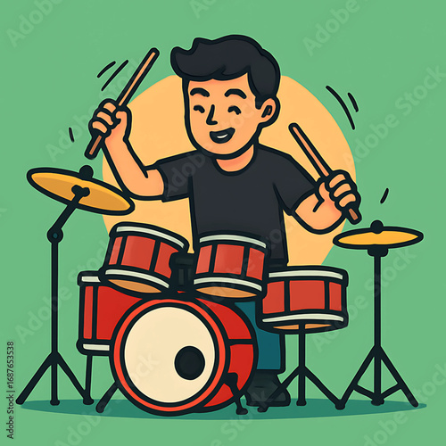 Cartoon illustration of a happy young man playing the drums with passion and energy. A vibrant vector graphic of a musician and his drum kit