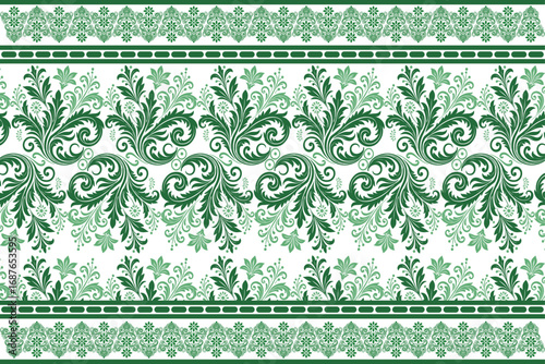 Green ornamental floral seamless vector pattern with decorative borders, vintage textile design, traditional wallpaper, fabric print, saree border, invitation border, surface decoration and home décor