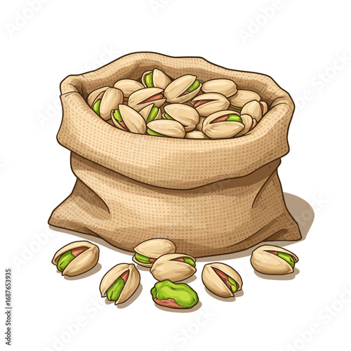 Pistachios overflowing from burlap sack, a healthy and delicious snack