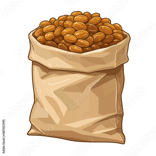 Delicious roasted coffee beans overflowing from burlap sack illustration