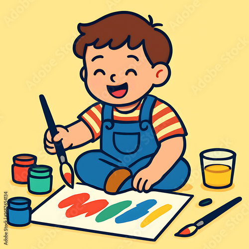 Cheerful little boy in overalls discovering the joy of art, a cute cartoon illustration of a child painting colorful abstract shapes