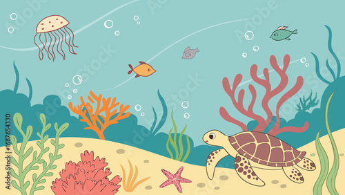 underwater world with fishes Colourful underwater sea life vector illustration with coral reef, fishes, sea turtle, starfish