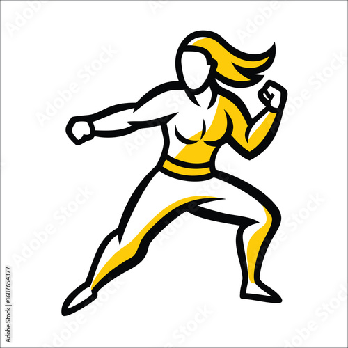 Illustration of a strong woman in a dynamic pose, with yellow and white outlines.