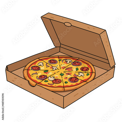 Delicious cartoon pizza in box illustration for commercial projects