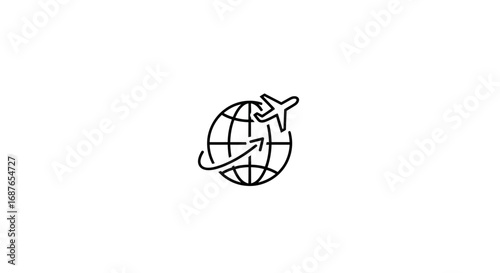 Worldwide travel icon showing airplane flying around earth, adventure awaits