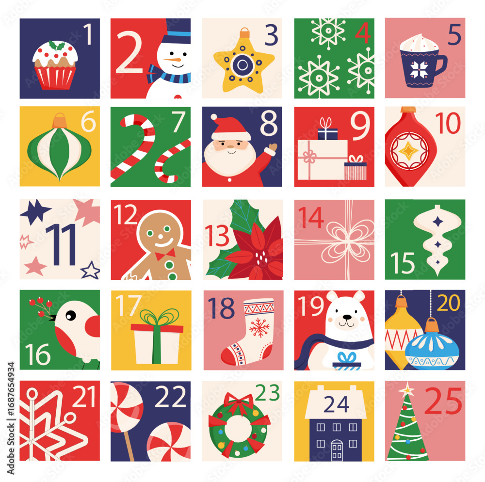 Fototapeta premium December advent calendar. Christmas advent calendar with holiday elements. Countdown to Christmas with numbers.