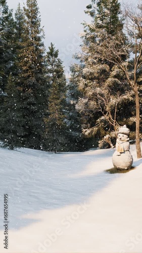 3D render vertical animation of winter with pine mountains and a snowman