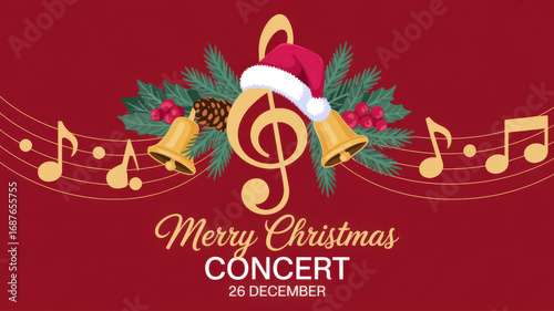 Festive Holiday Concert Announcement with Musical Notes and Seasonal Decorations for December