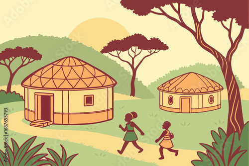 African village with round huts, children playing, savanna trees and warm tones, modern flat illustration style.