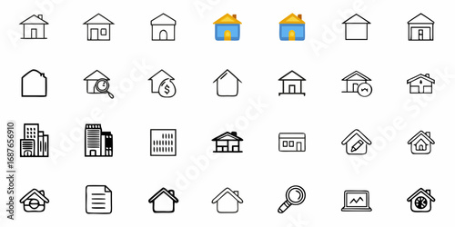 Illustration of various house and building icons with different styles and design elements in a grid layout