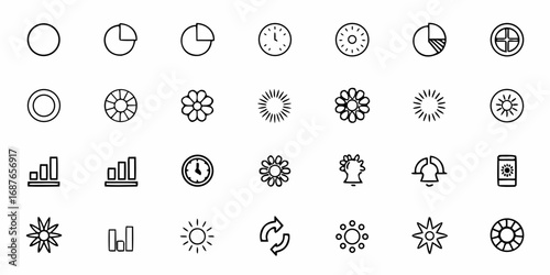 A collection of various outline icons including charts clocks flowers and other abstract line art shapes