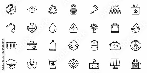 Illustration of various environmental and energy related icons including recycling and solar power signs