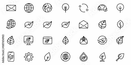 Collection of environmental and nature themed icons featuring leaves, globes, trees, and technology items