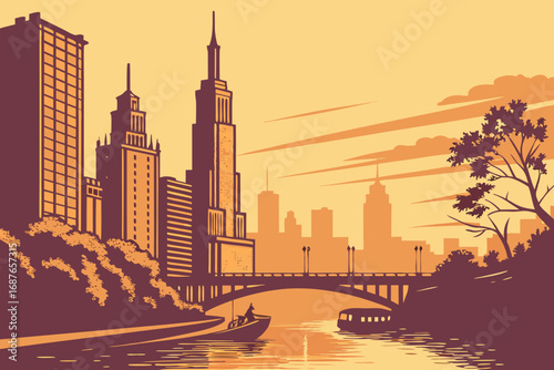 City skyline at sunset, skyscrapers glowing in orange light, river reflecting buildings, modern flat illustration style.