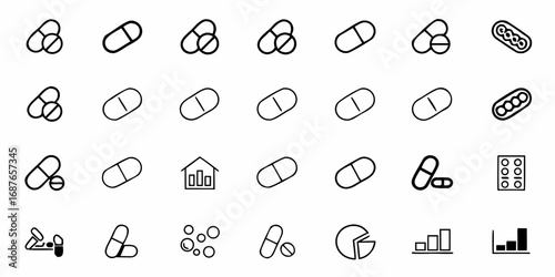Collection of various medicine pills capsules and chart icons in a minimalist outline style design set