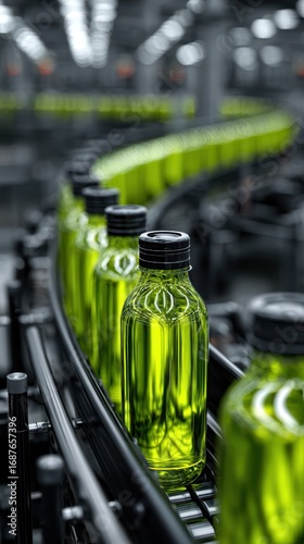 Bottles of green liquid move along a conveyor belt in a modern production facility during daytime